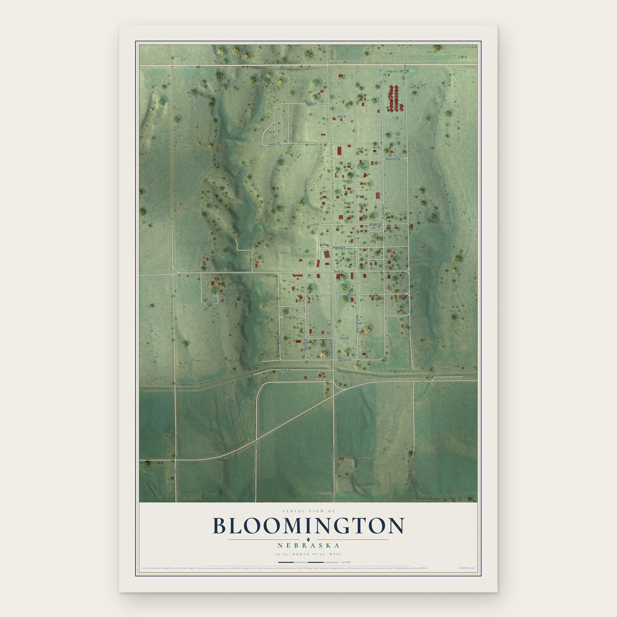 Bloomington, Nebraska map print, the full design