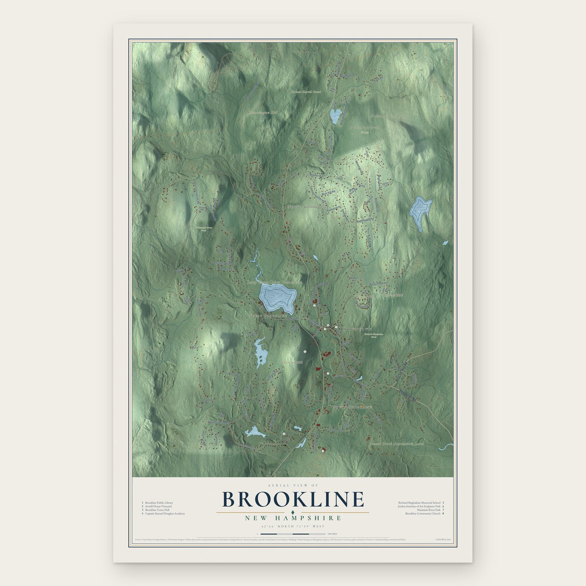 Brookline, New Hampshire map print, the full design
