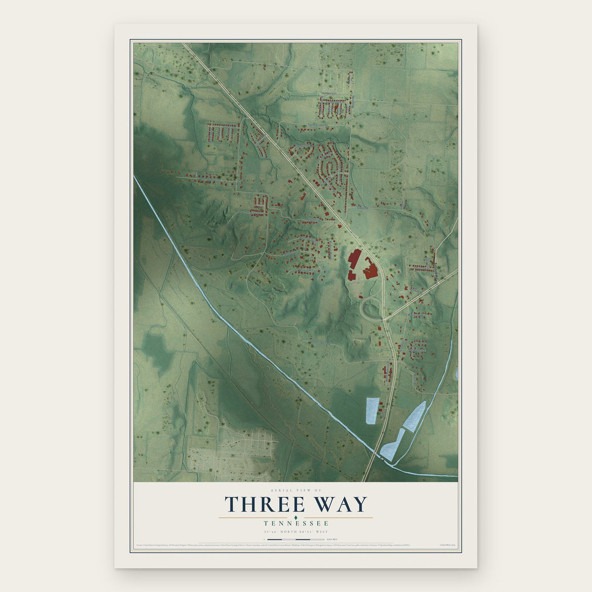 Three Way, Tennessee map print, the full design
