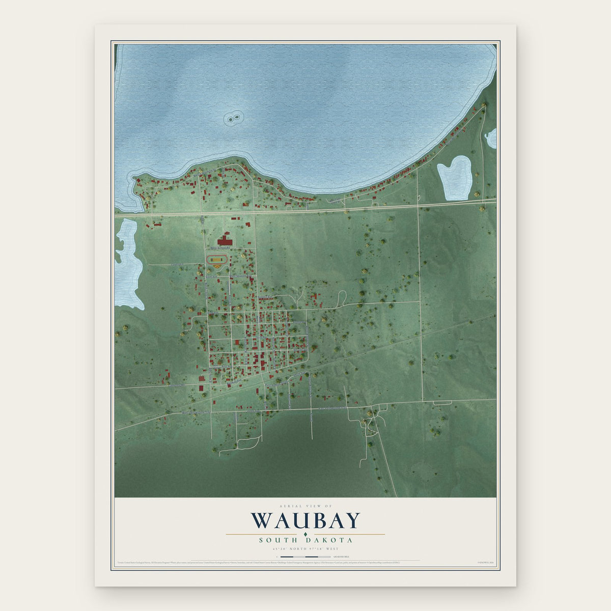 Waubay, South Dakota map print, the full design