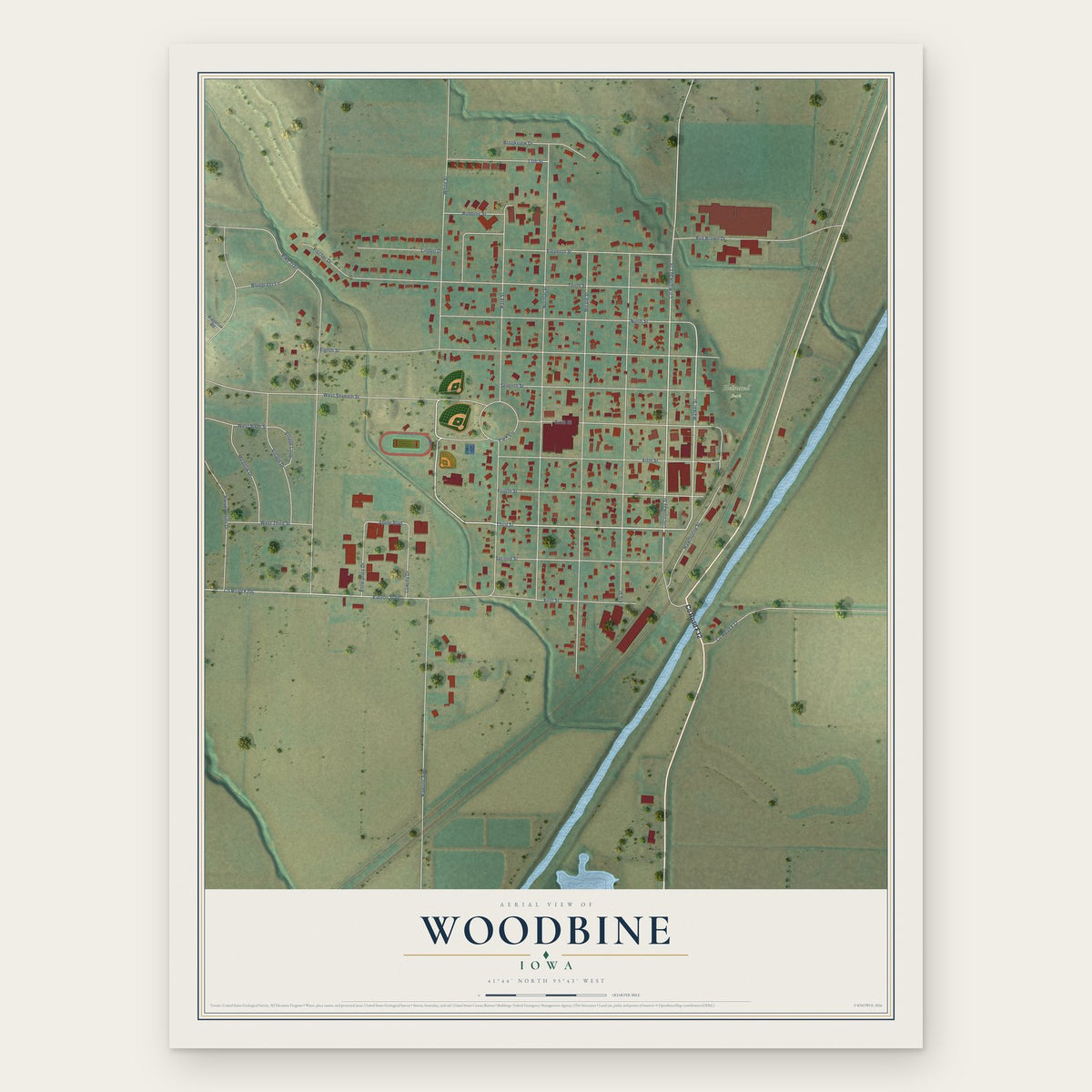 Woodbine, Iowa map print, the full design