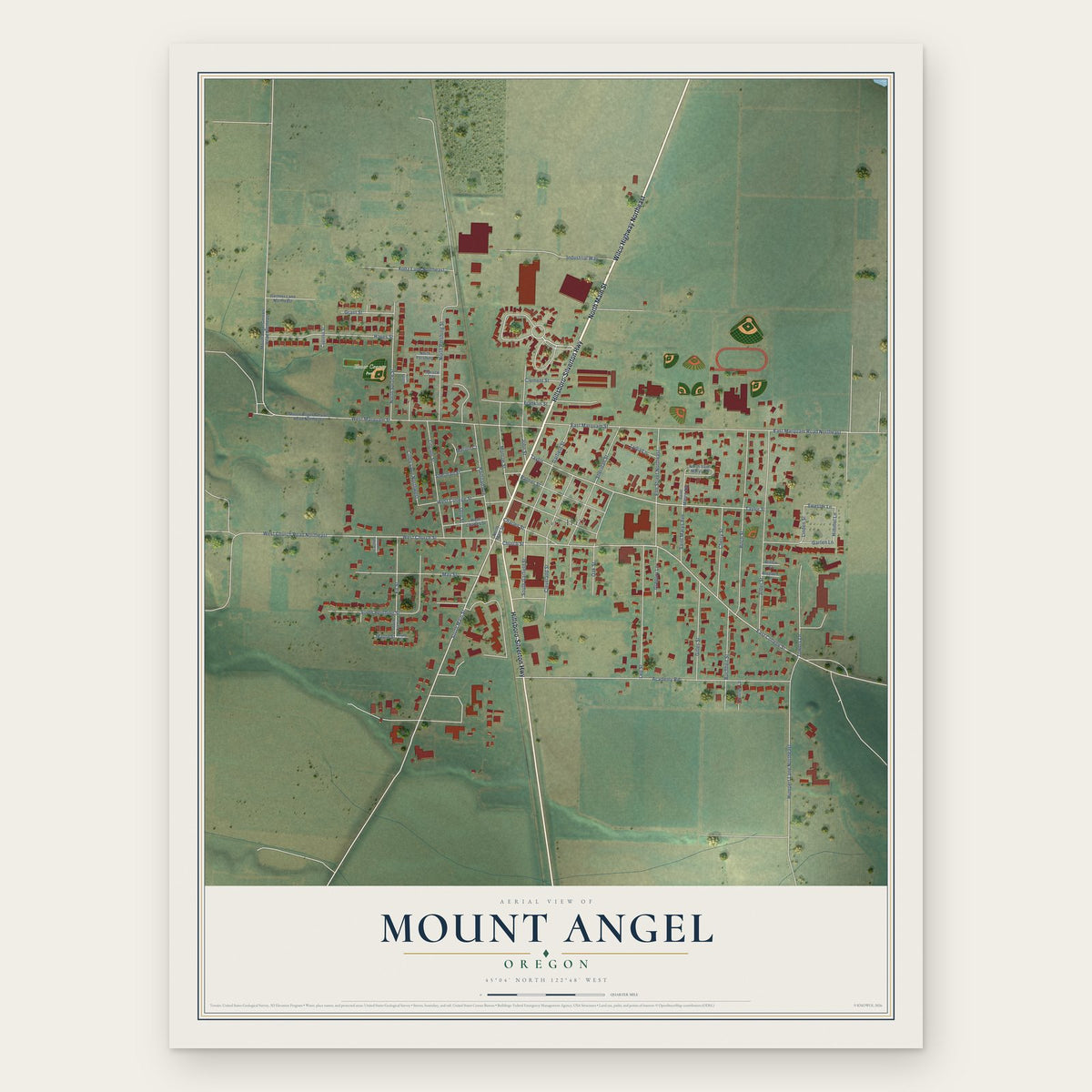 Mount Angel, Oregon map print, the full design