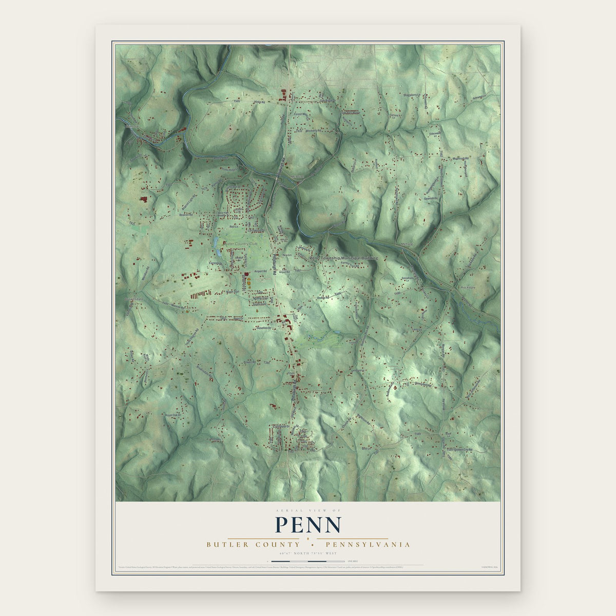 Penn, Butler County, Pennsylvania map print, the full design
