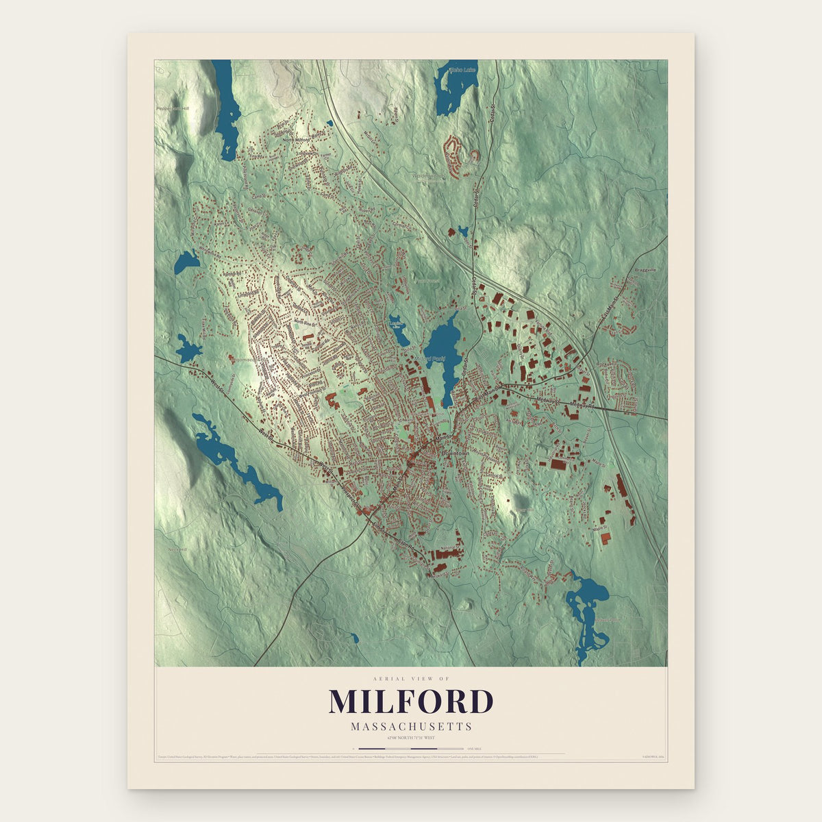 Milford, Massachusetts map print, the full design