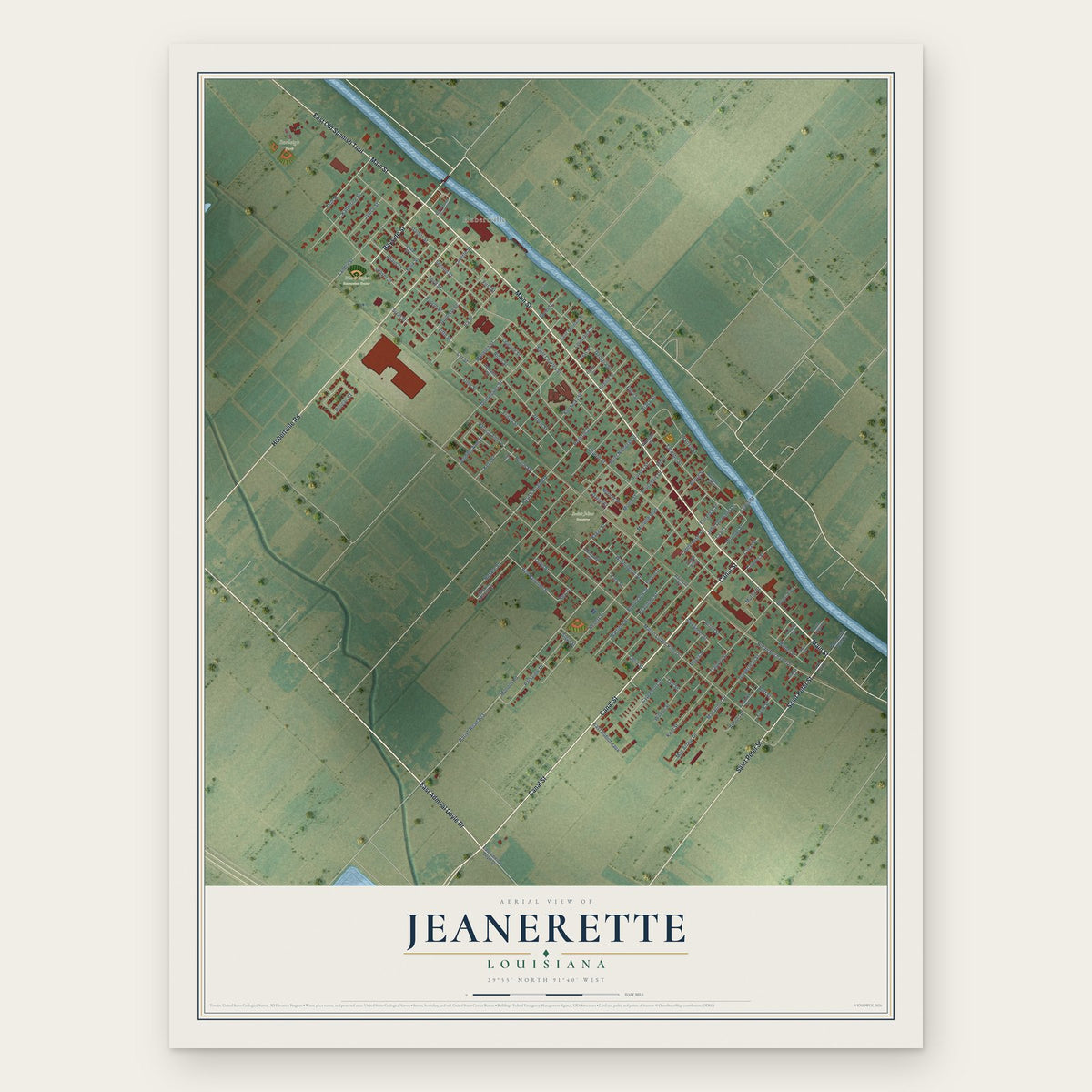 Jeanerette, Louisiana map print, the full design