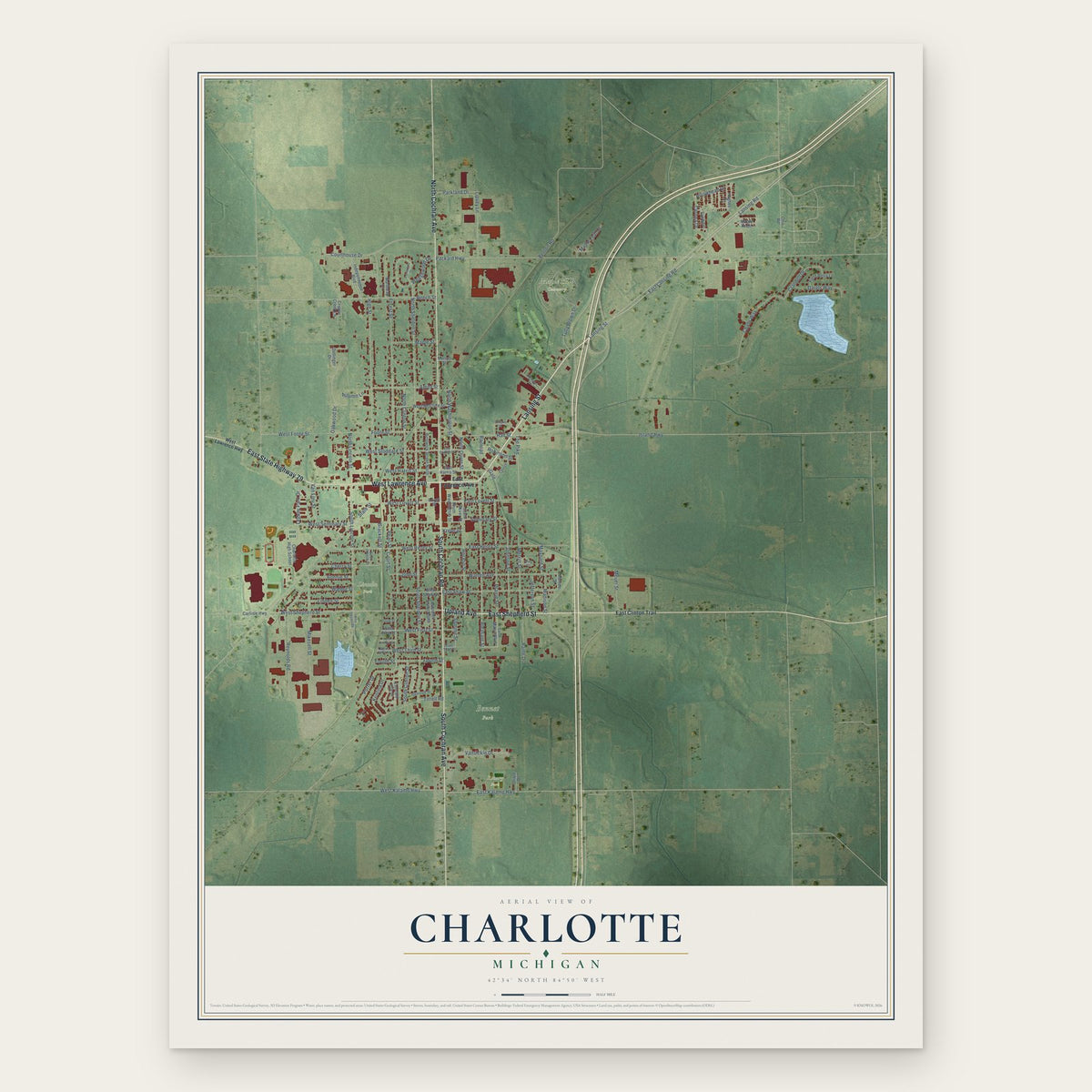 Charlotte, Michigan map print, the full design