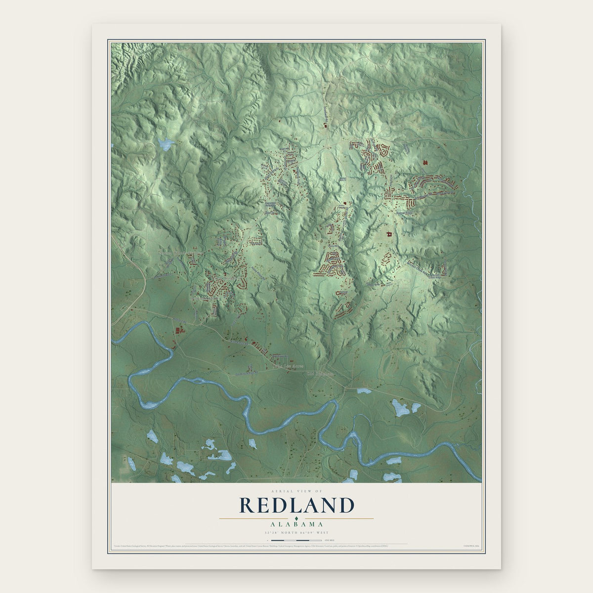 Redland, Alabama map print, the full design