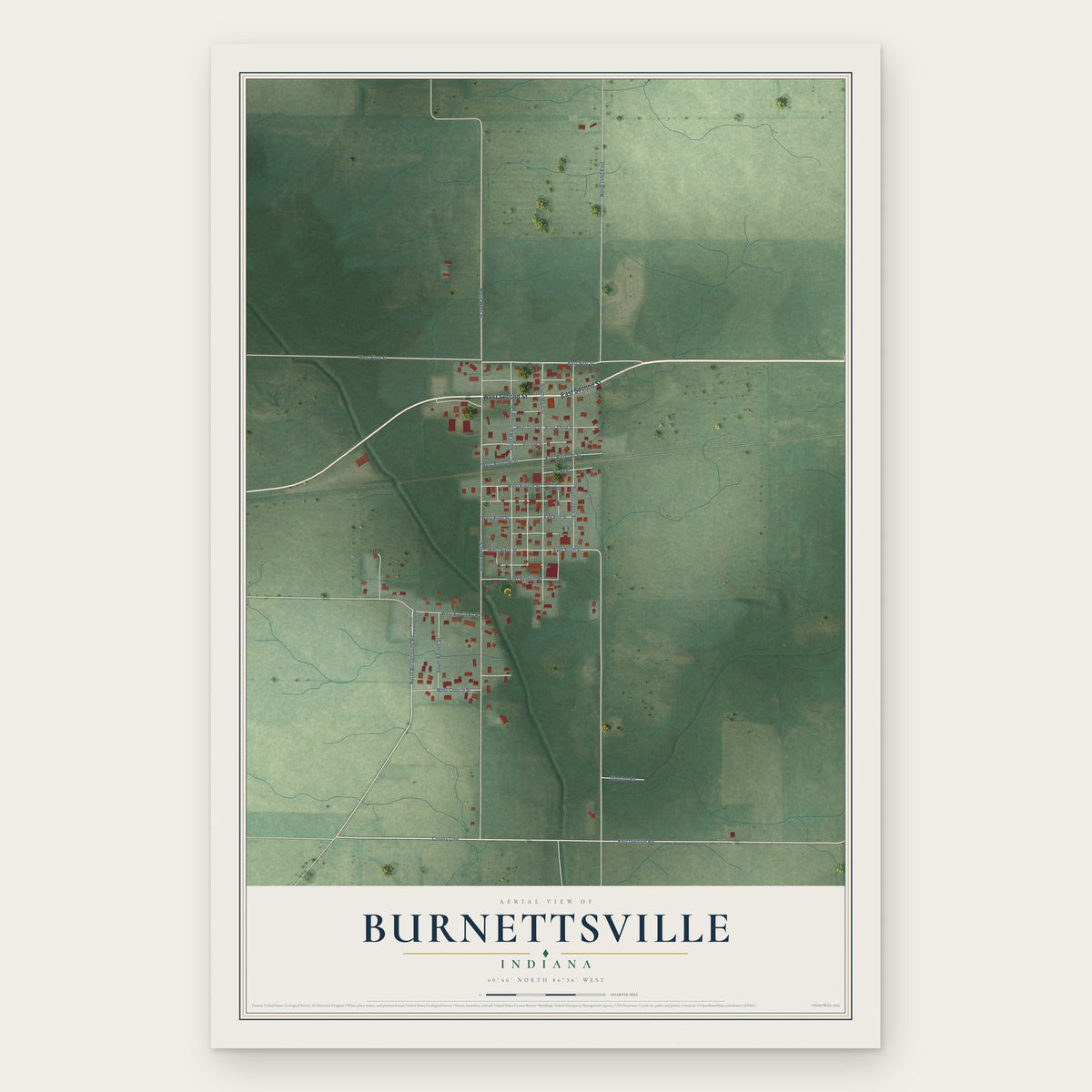 Burnettsville, Indiana map print, the full design