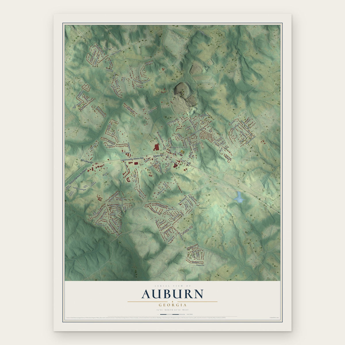 Auburn, Georgia map print, the full design