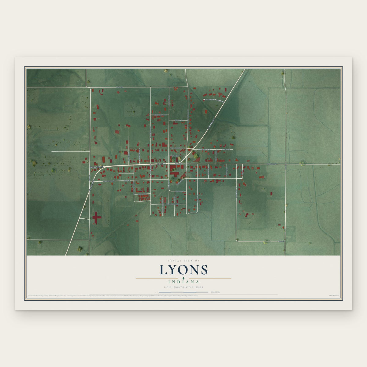 Lyons, Indiana map print, the full design
