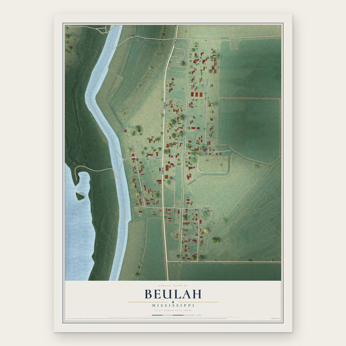 Beulah, Mississippi map print, the full design