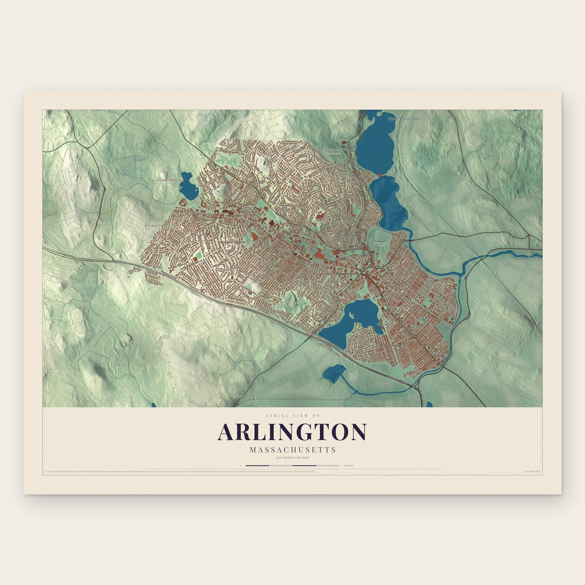 Arlington, Massachusetts map print, the full design