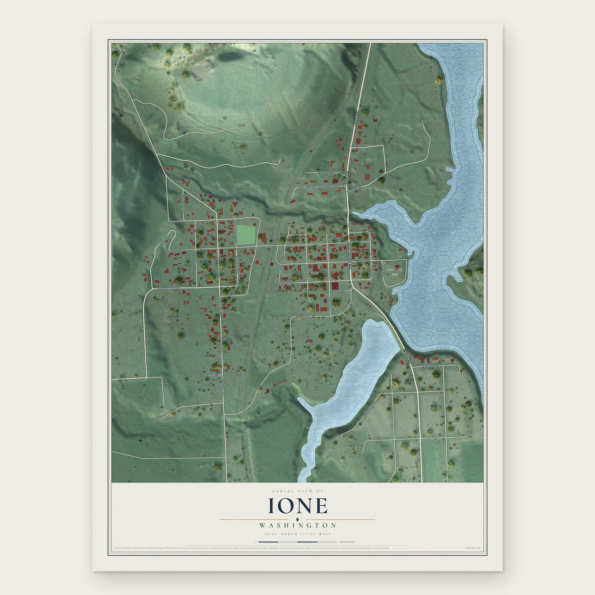 Ione, Washington map print, the full design