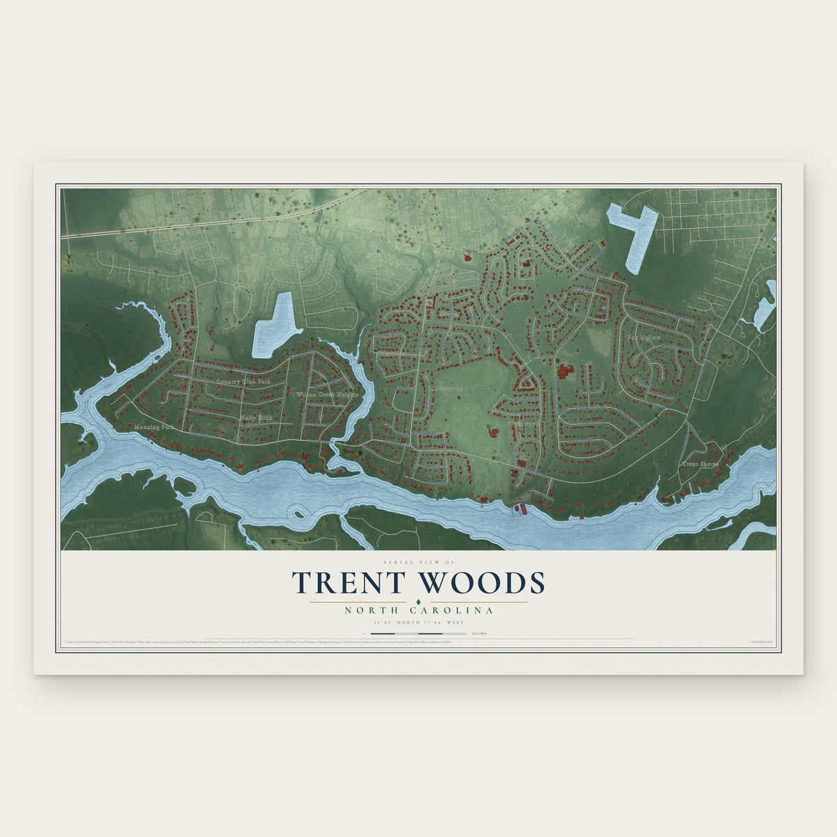 Trent Woods, North Carolina map print, the full design
