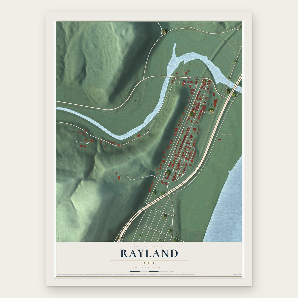 Rayland, Ohio map print, the full design