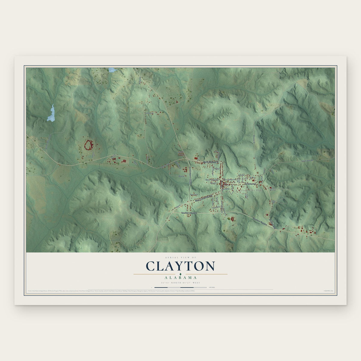Clayton, Alabama map print, the full design