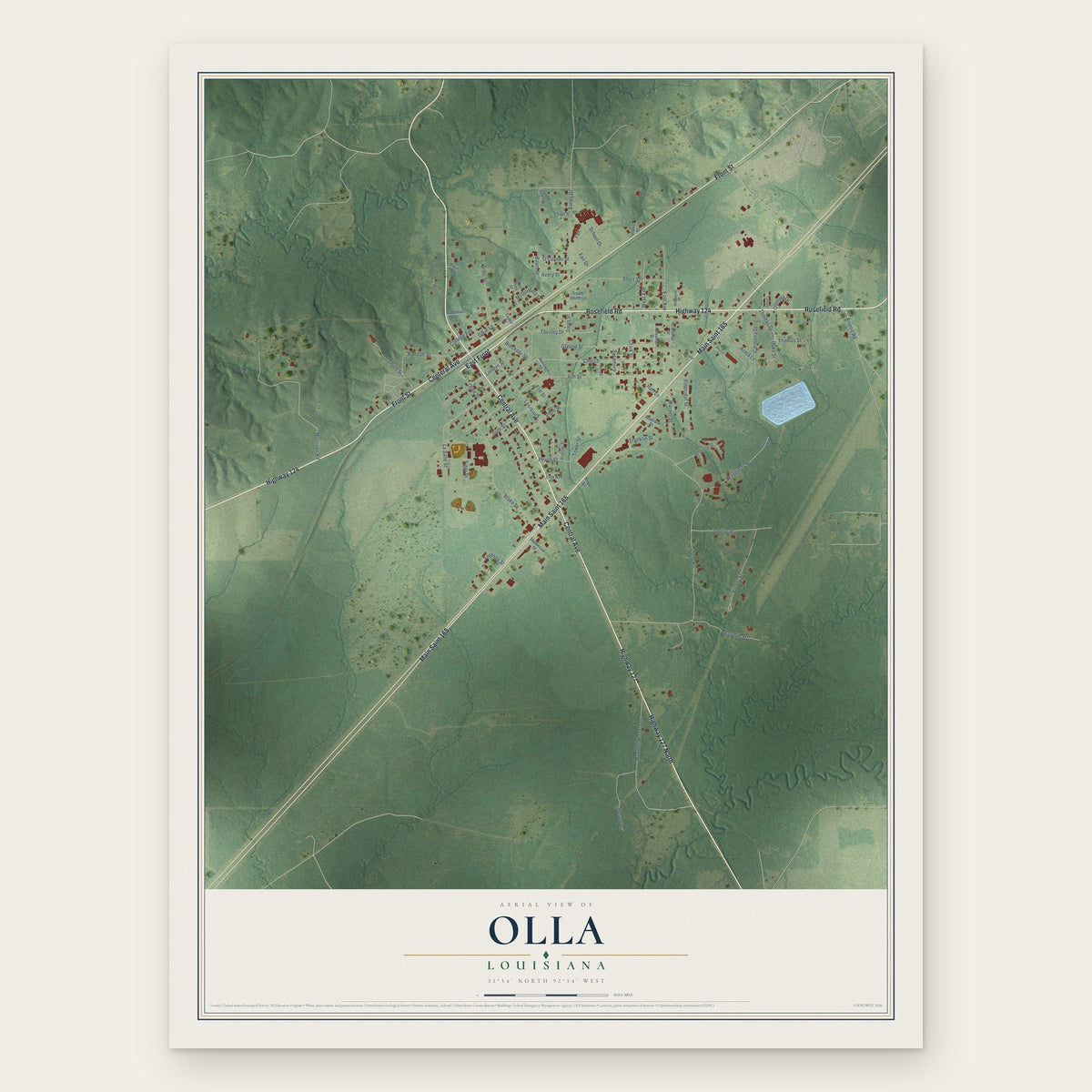 Olla, Louisiana map print, the full design