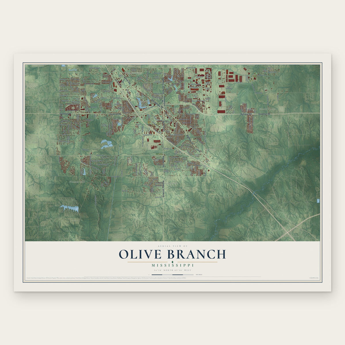 Olive Branch, Mississippi map print, the full design