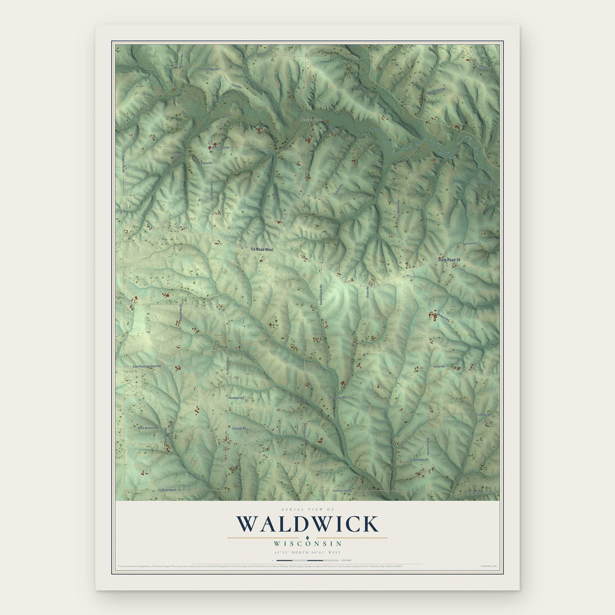 Waldwick, Wisconsin map print, the full design