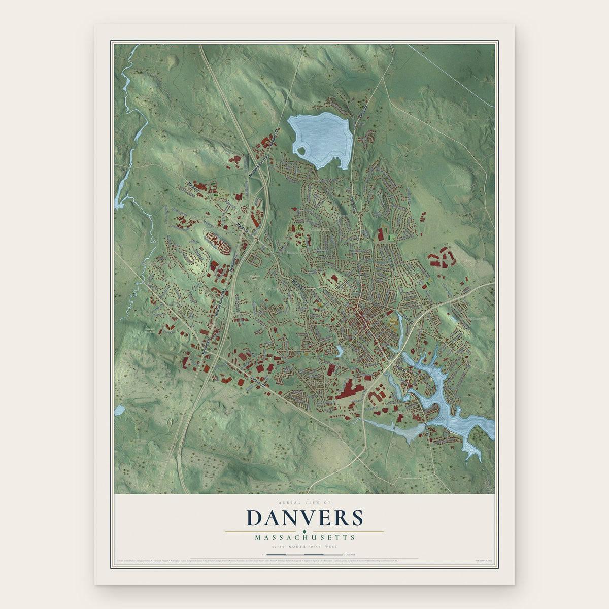 Danvers, Massachusetts map print, the full design