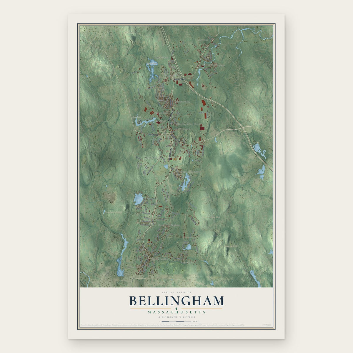 Bellingham, Massachusetts map print, the full design