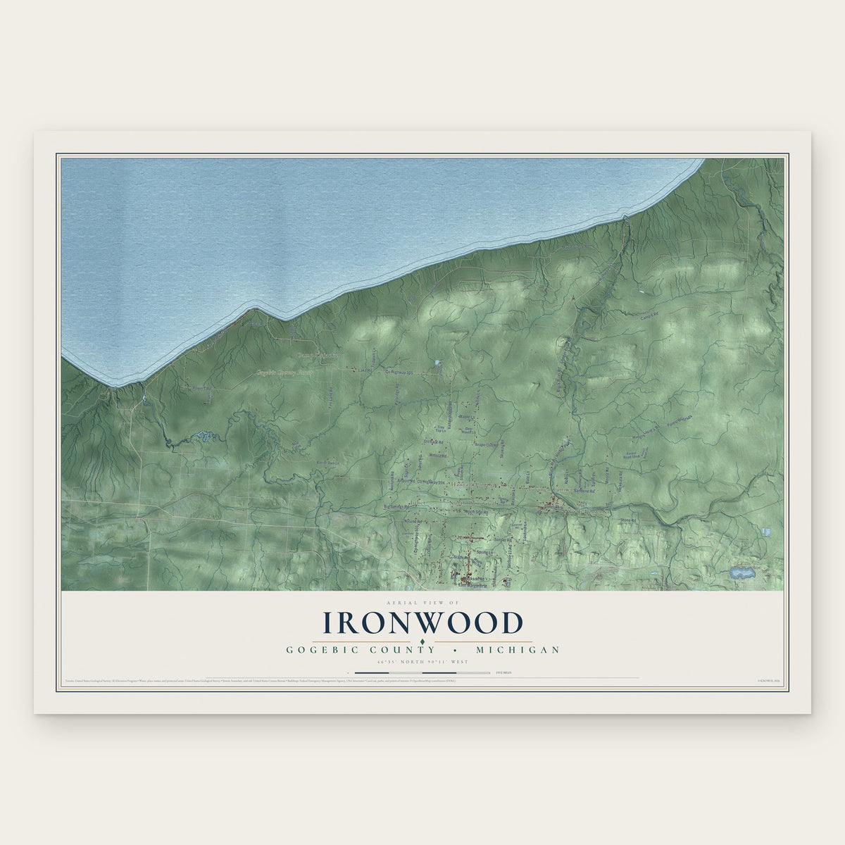 Ironwood, Gogebic County, Michigan map print, the full design