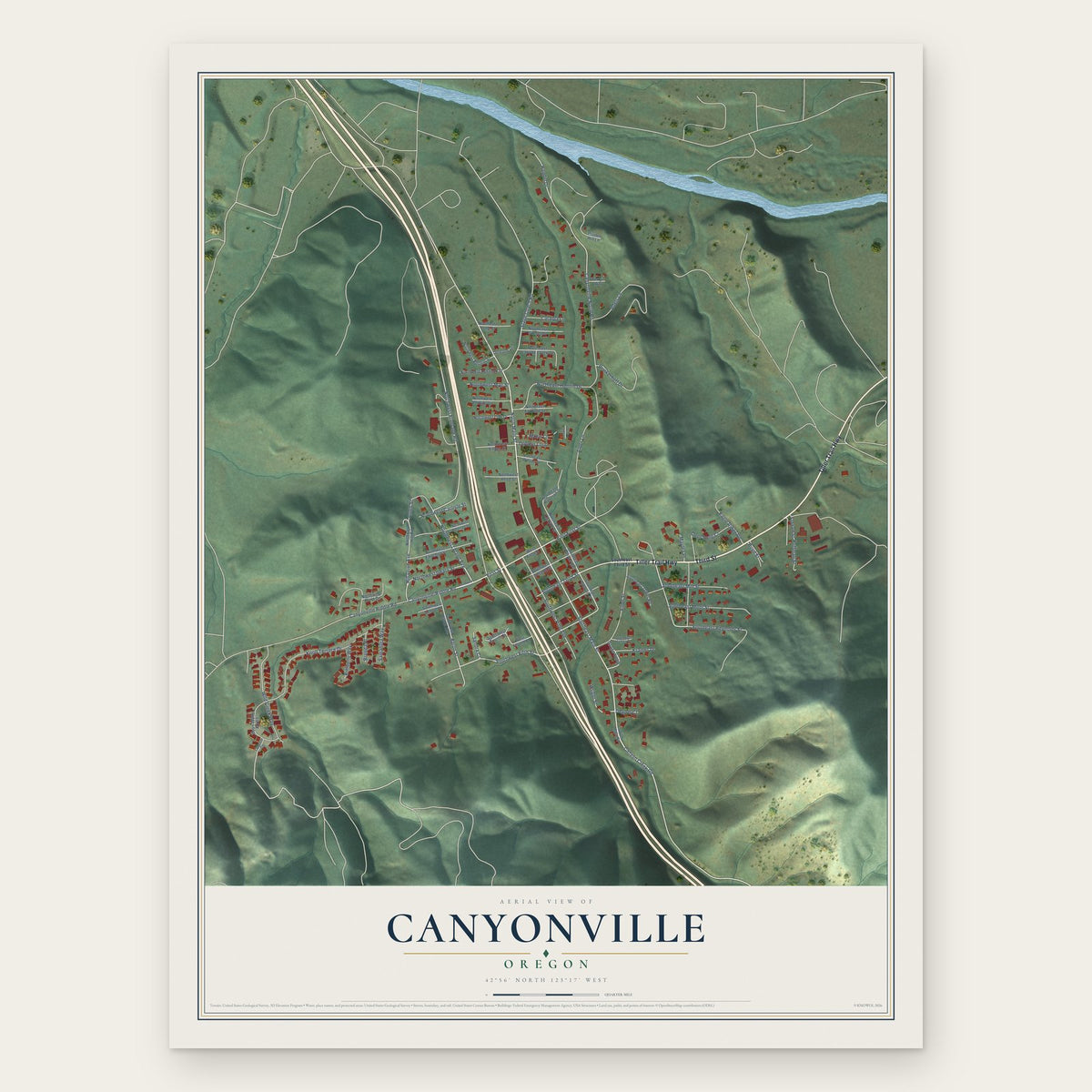 Canyonville, Oregon map print, the full design