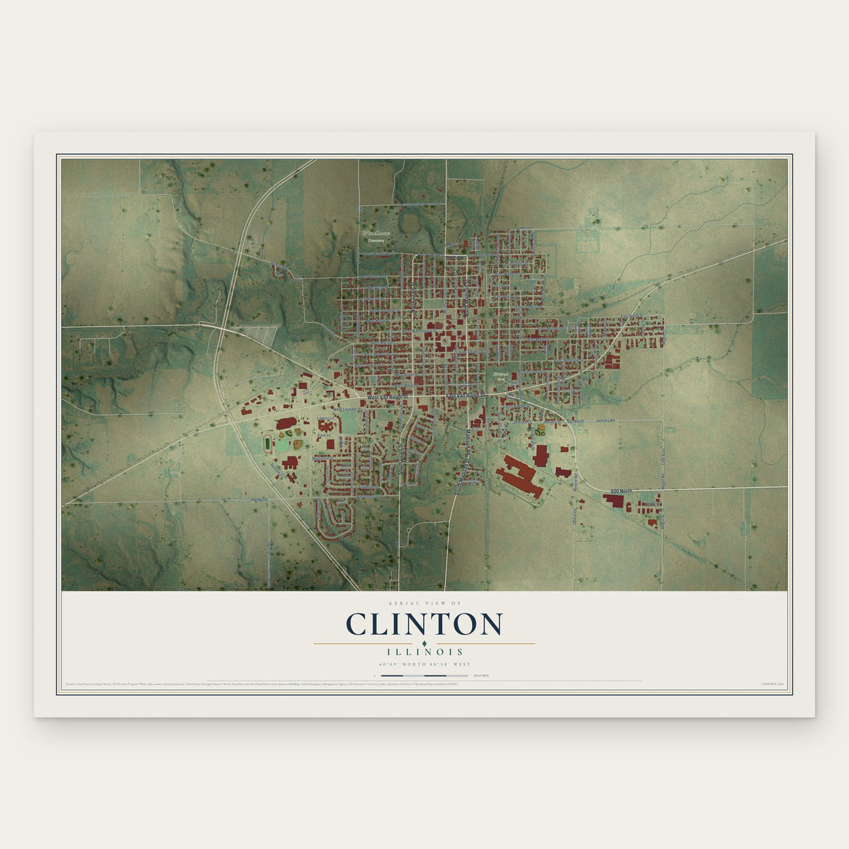 Clinton, Illinois map print, the full design