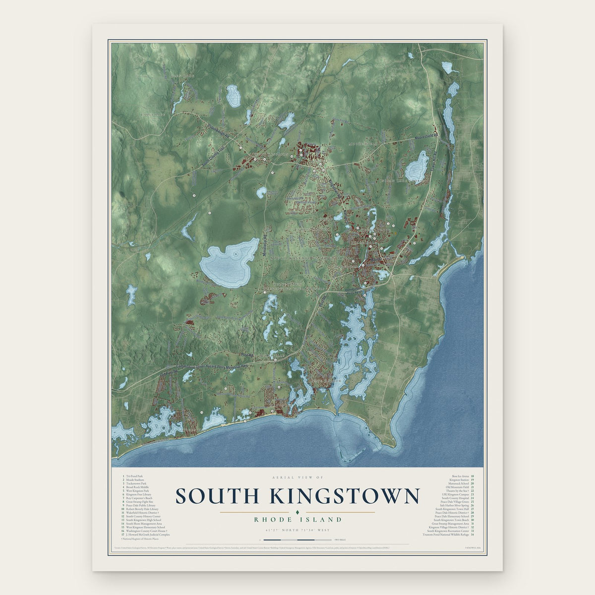 South Kingstown, Rhode Island map print, the full design