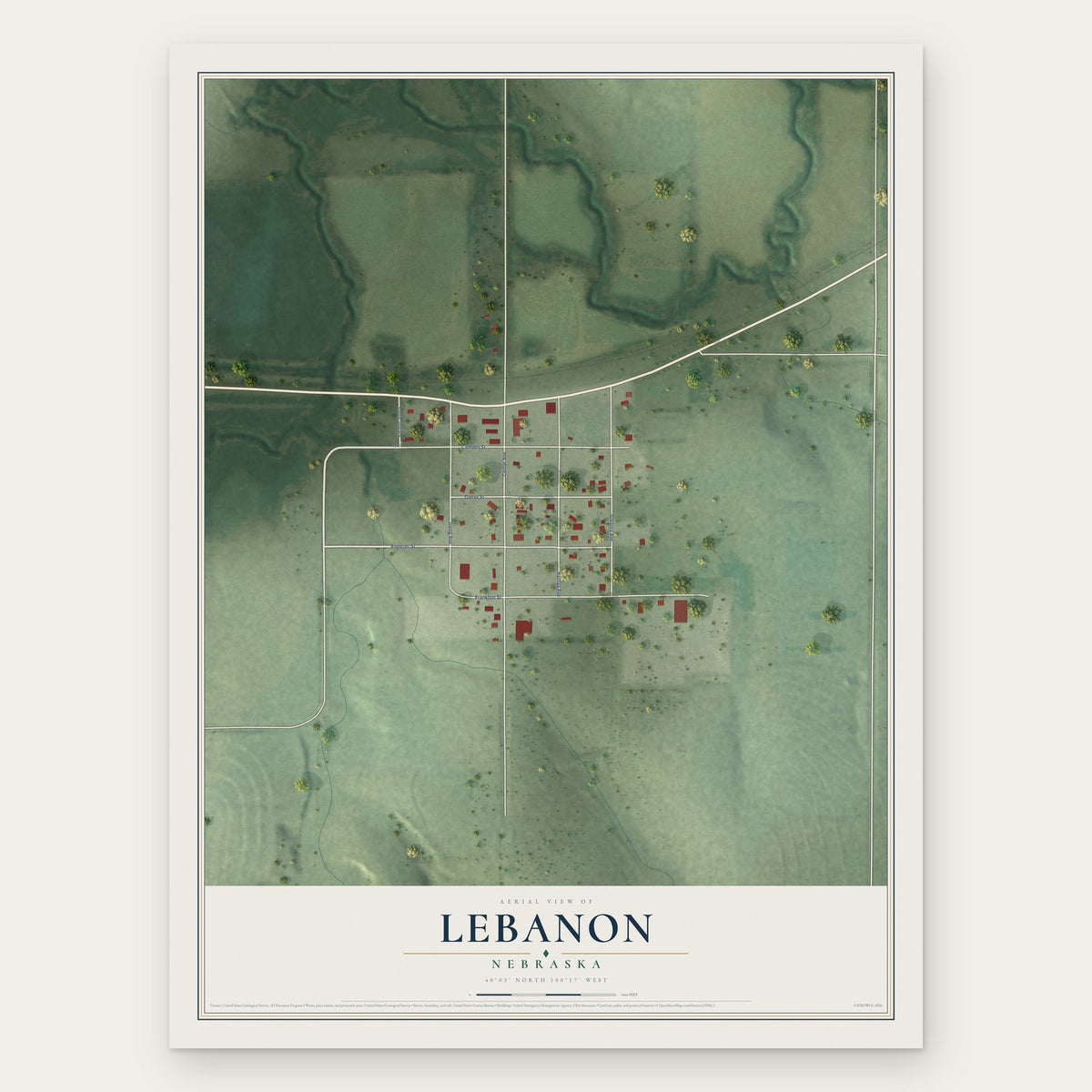 Lebanon, Nebraska map print, the full design