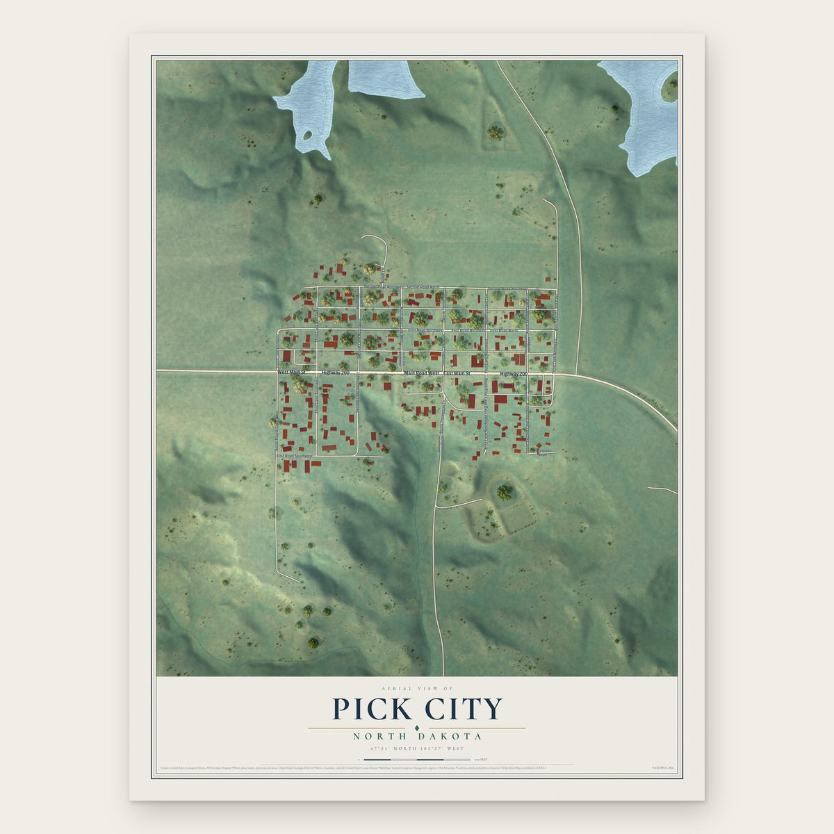 Pick City, North Dakota map print, the full design