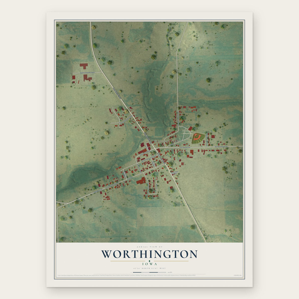 Worthington, Iowa map print, the full design