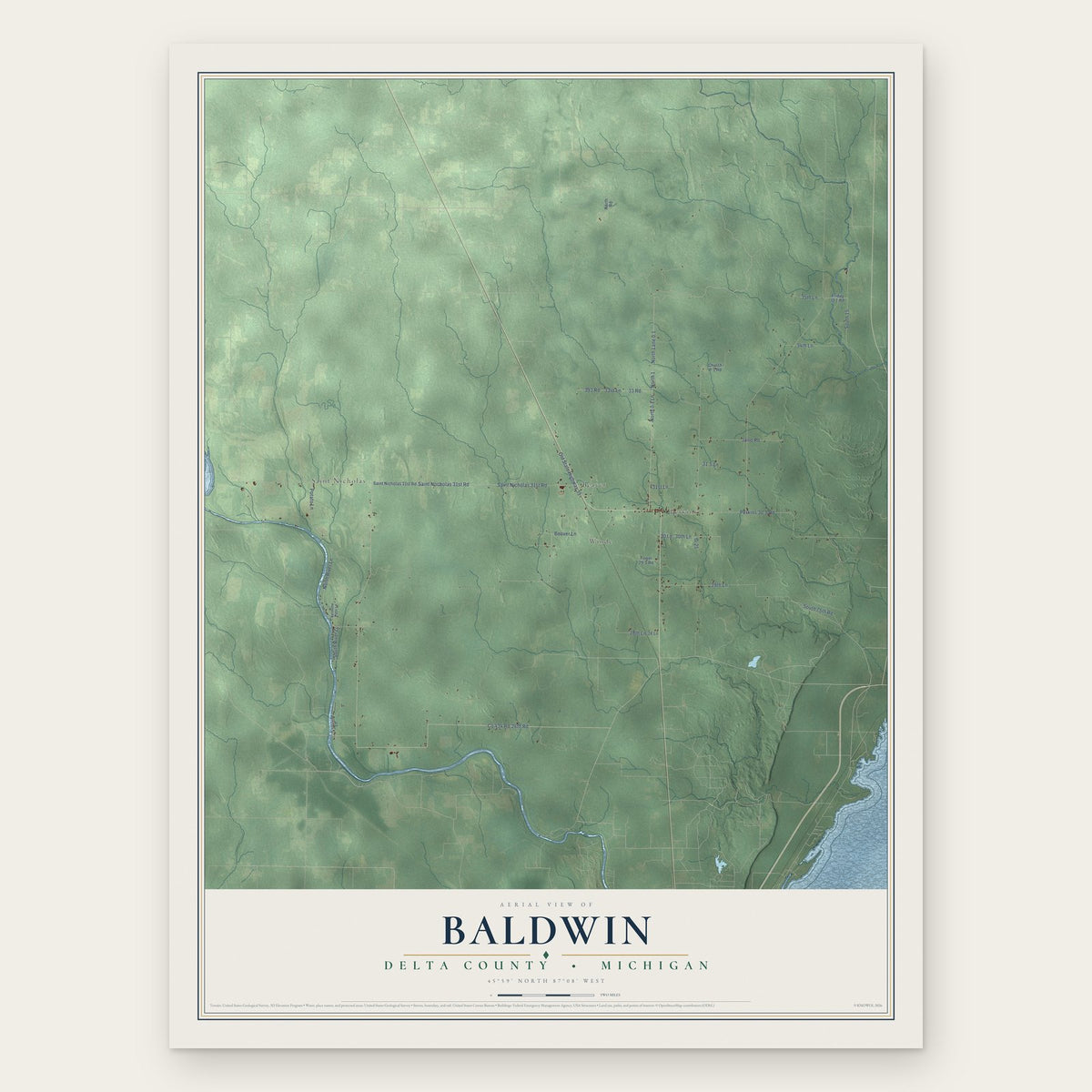 Baldwin, Delta County, Michigan map print, the full design