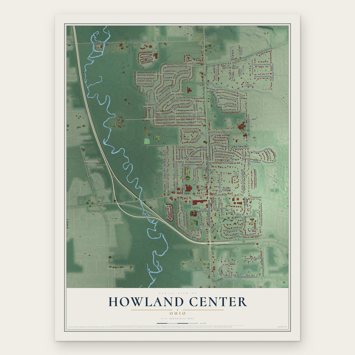 Howland Center, Ohio map print, the full design