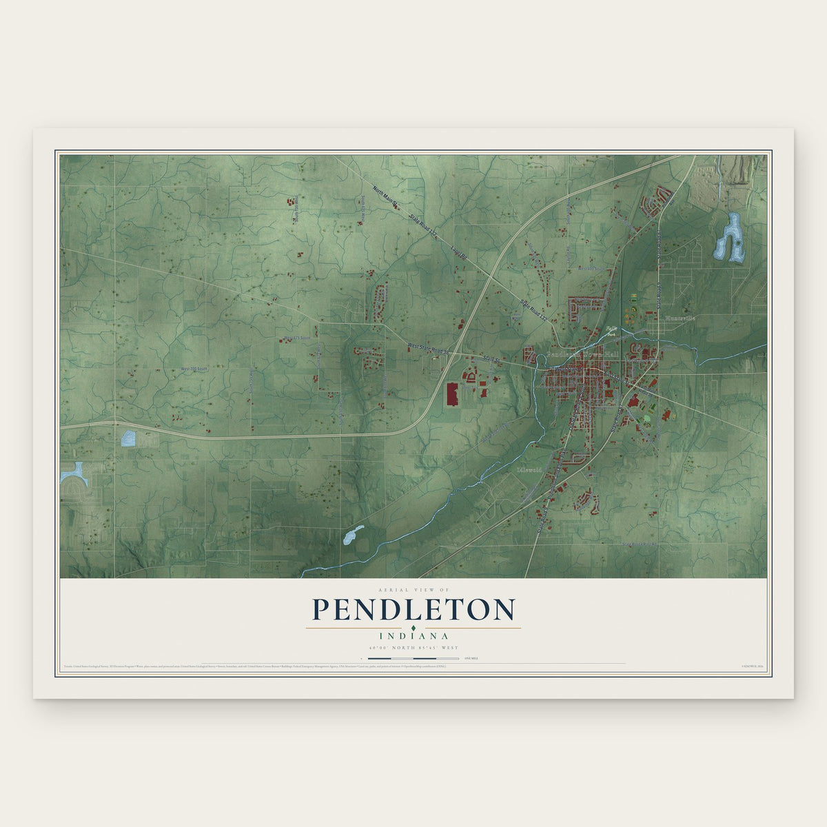 Pendleton, Indiana map print, the full design