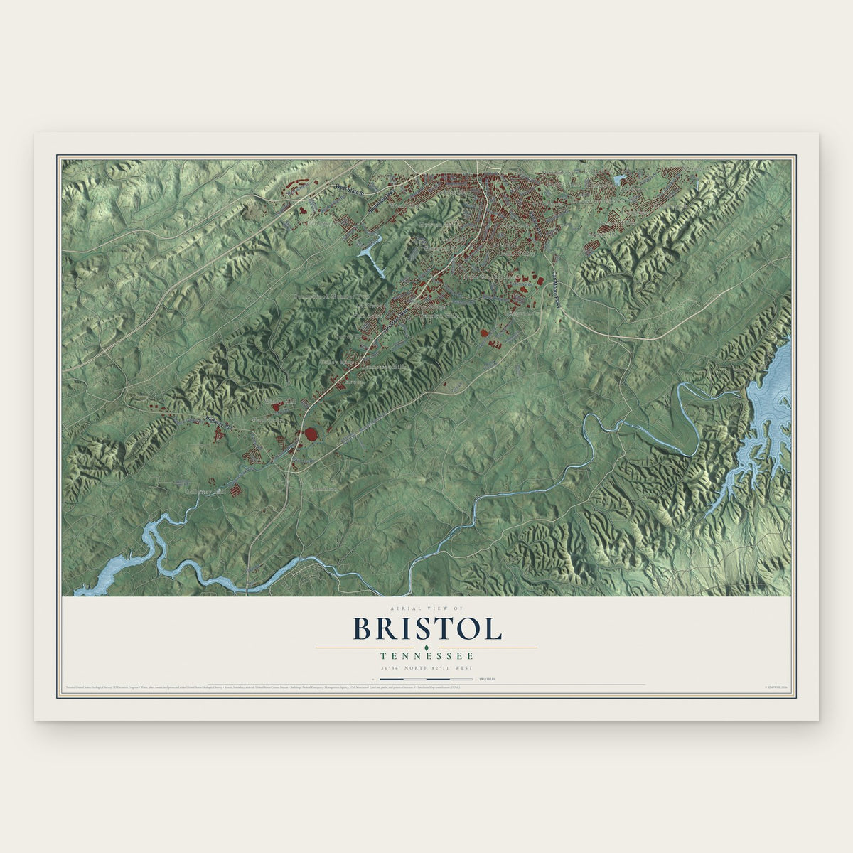 Bristol, Tennessee map print, the full design