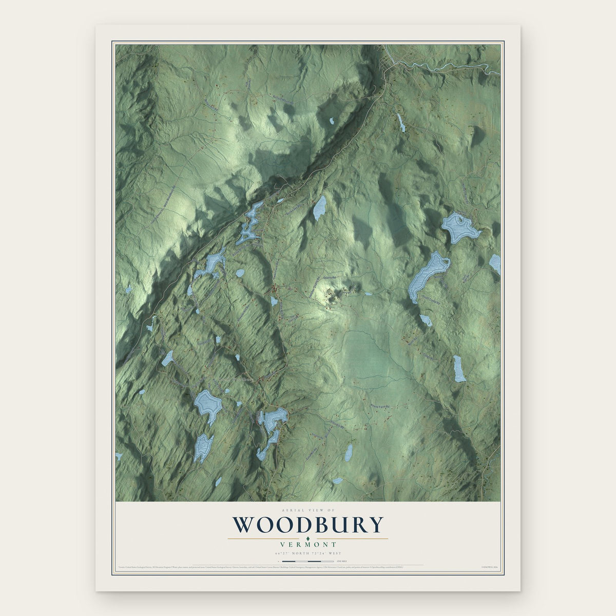 Woodbury, Vermont map print, the full design