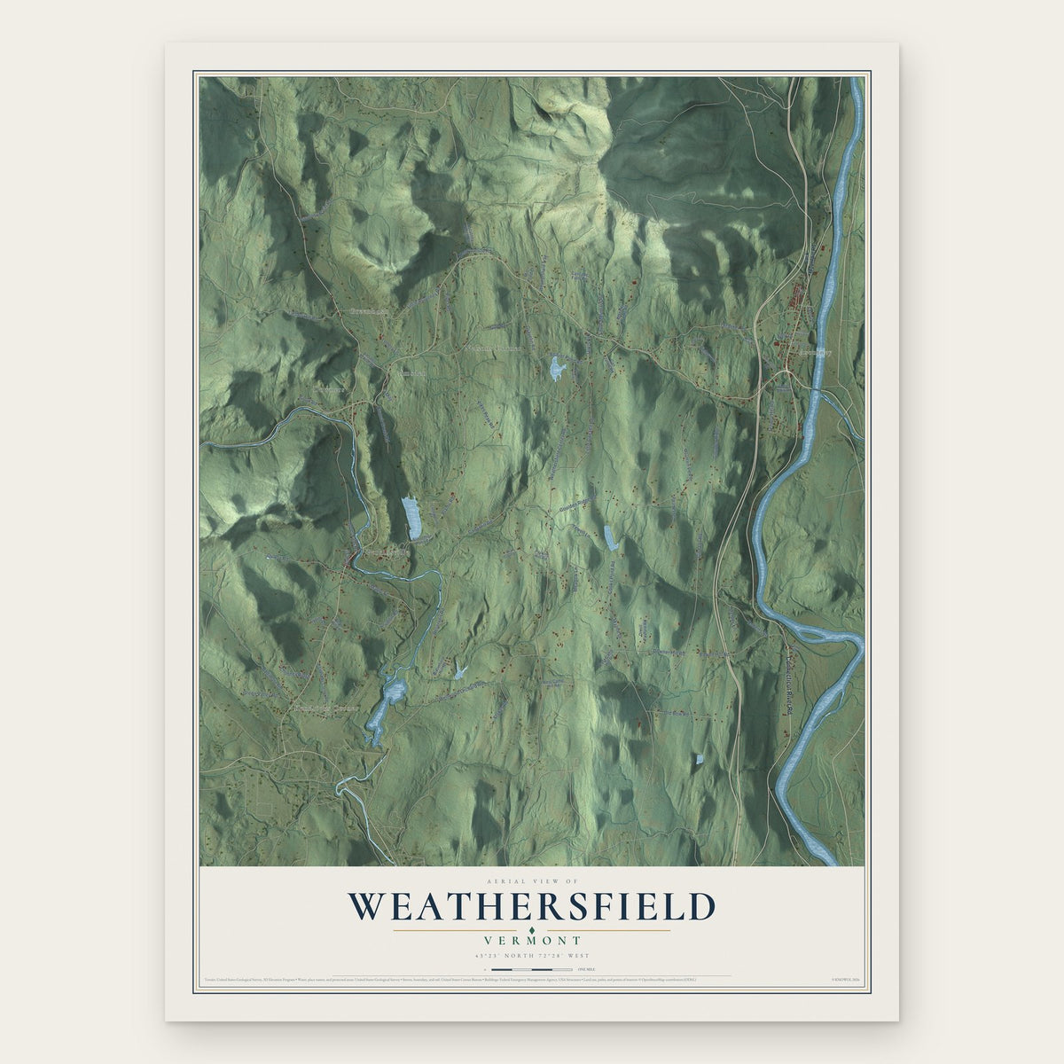 Weathersfield, Vermont map print, the full design