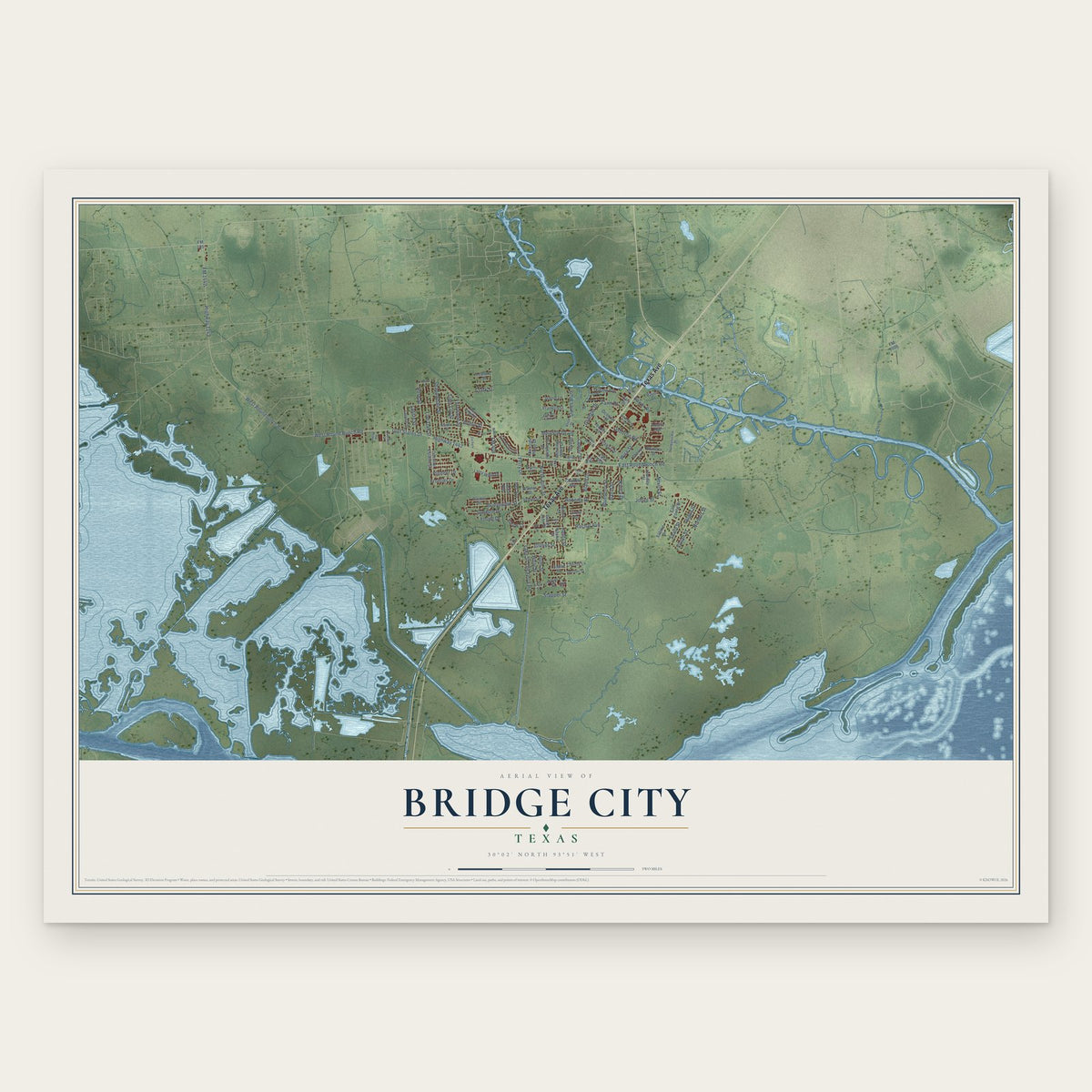 Bridge City, Texas map print, the full design