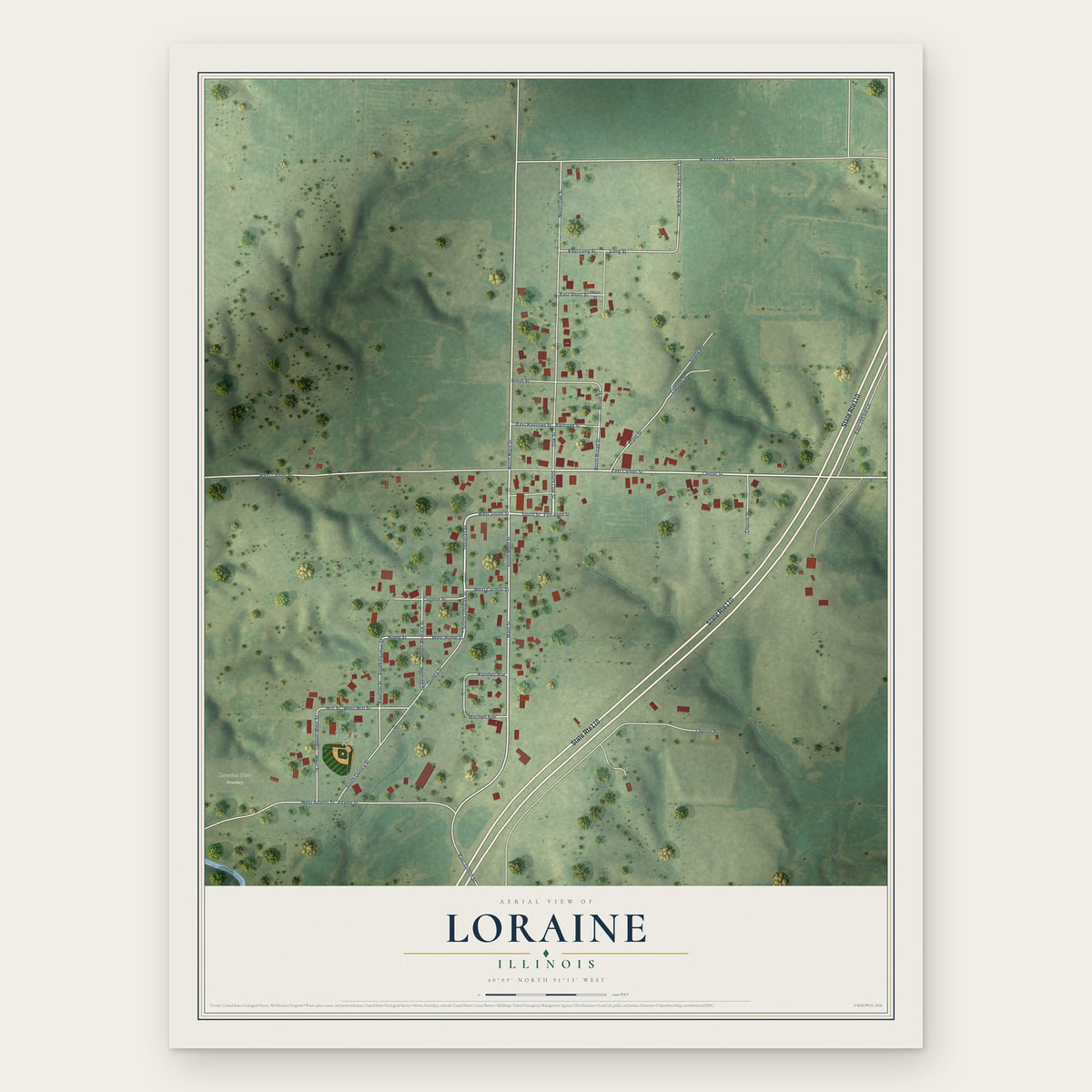 Loraine, Illinois map print, the full design