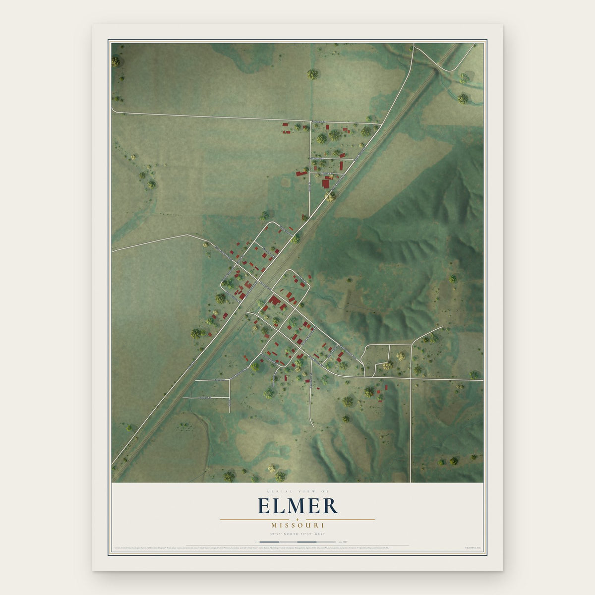 Elmer, Missouri map print, the full design