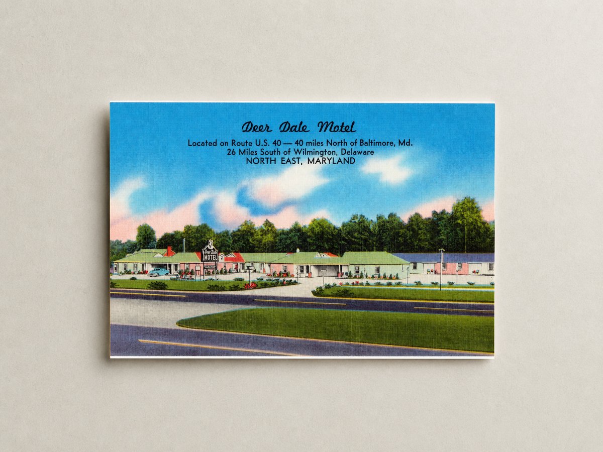 Deer Dale Motel, located on Route U. S. 40 -- 40 minutes north of Baltimore, MD, 26 miles south of Wilmington, Delaware, North East, Maryland — Vintage Maryland Postcard
