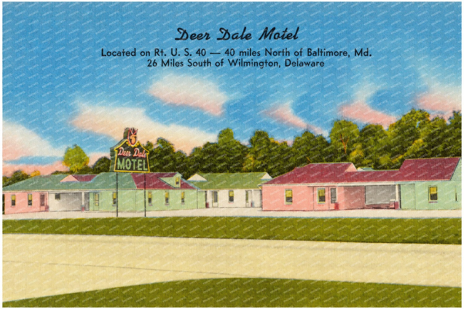 Deer Dale Motel, located on Route U. S. 40 -- 40 minutes north of Baltimore, MD, 26 miles south of Wilmington, Delaware — Vintage Maryland Postcard
