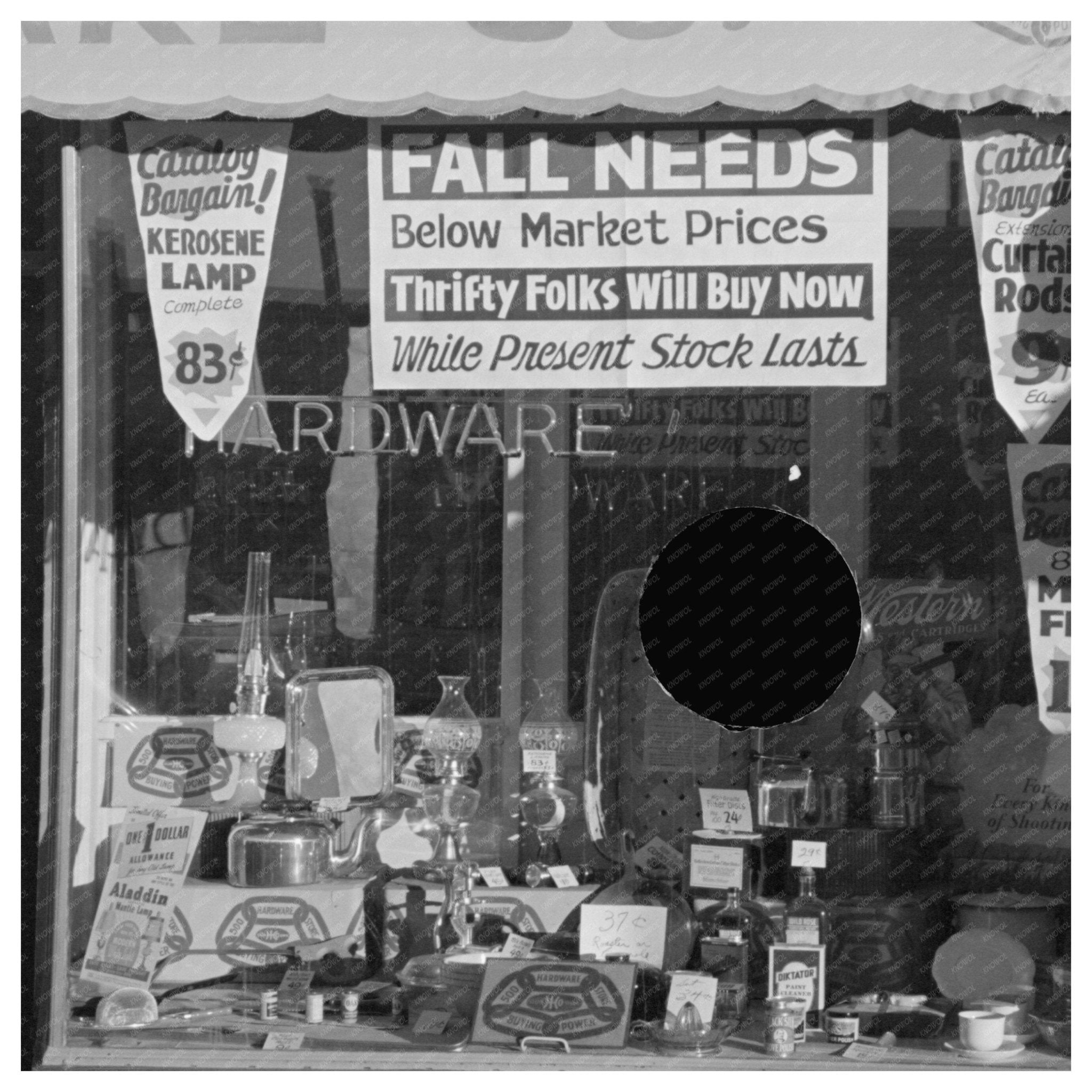 1937 Vintage Hardware Store Window in Crosby North Dakota - Available at KNOWOL