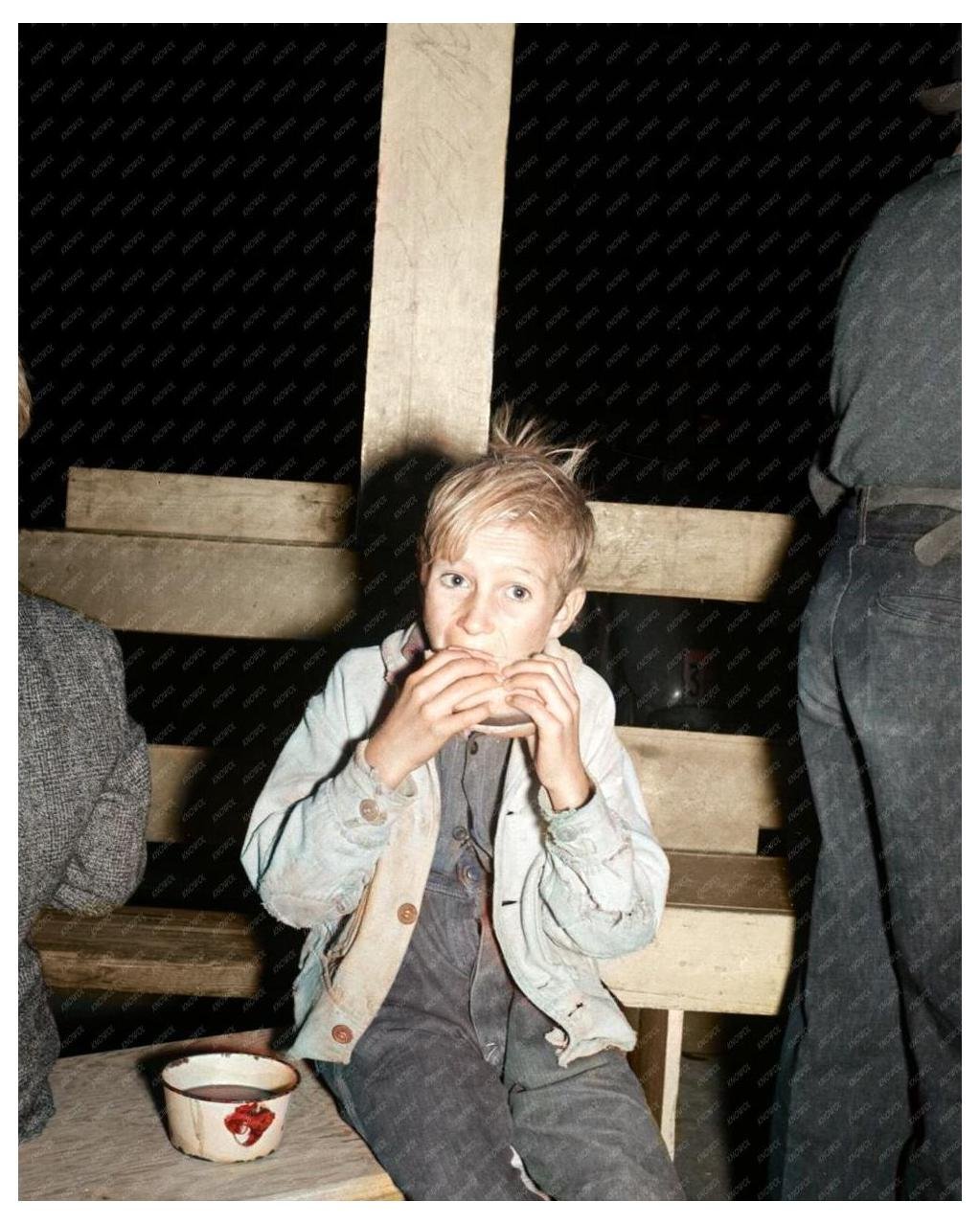 1938 Vintage Halloween Party Image of Hungry Boy at Shafter Migrant Camp, California by Dorothea Lange - Available at KNOWOL