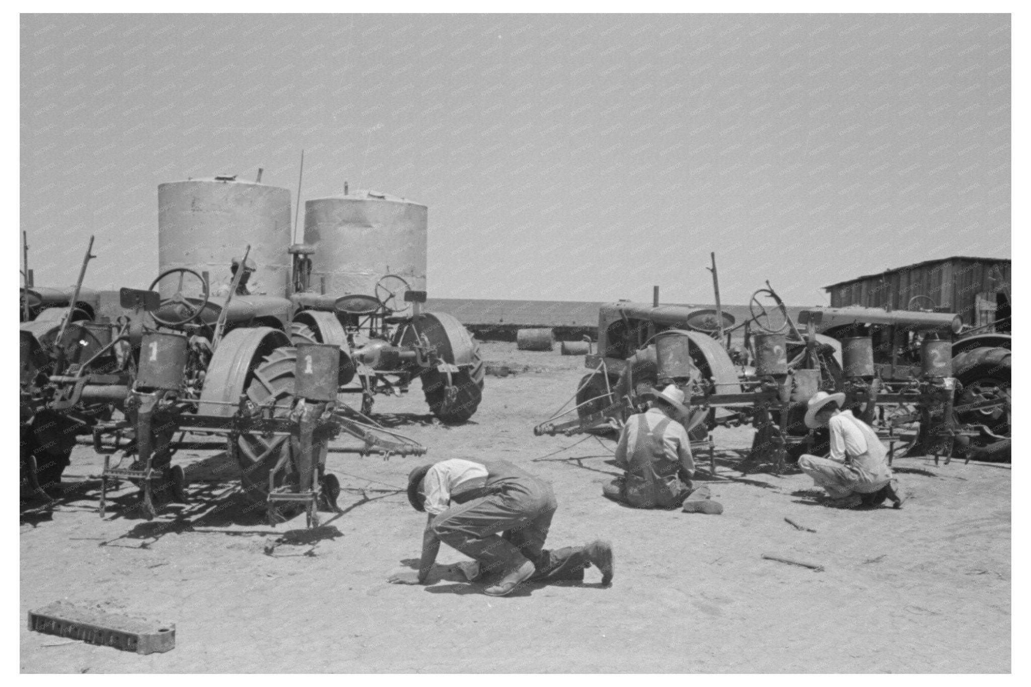 1939 Vintage Farm Scene with Tractors and Laborers in Texas - Available at KNOWOL