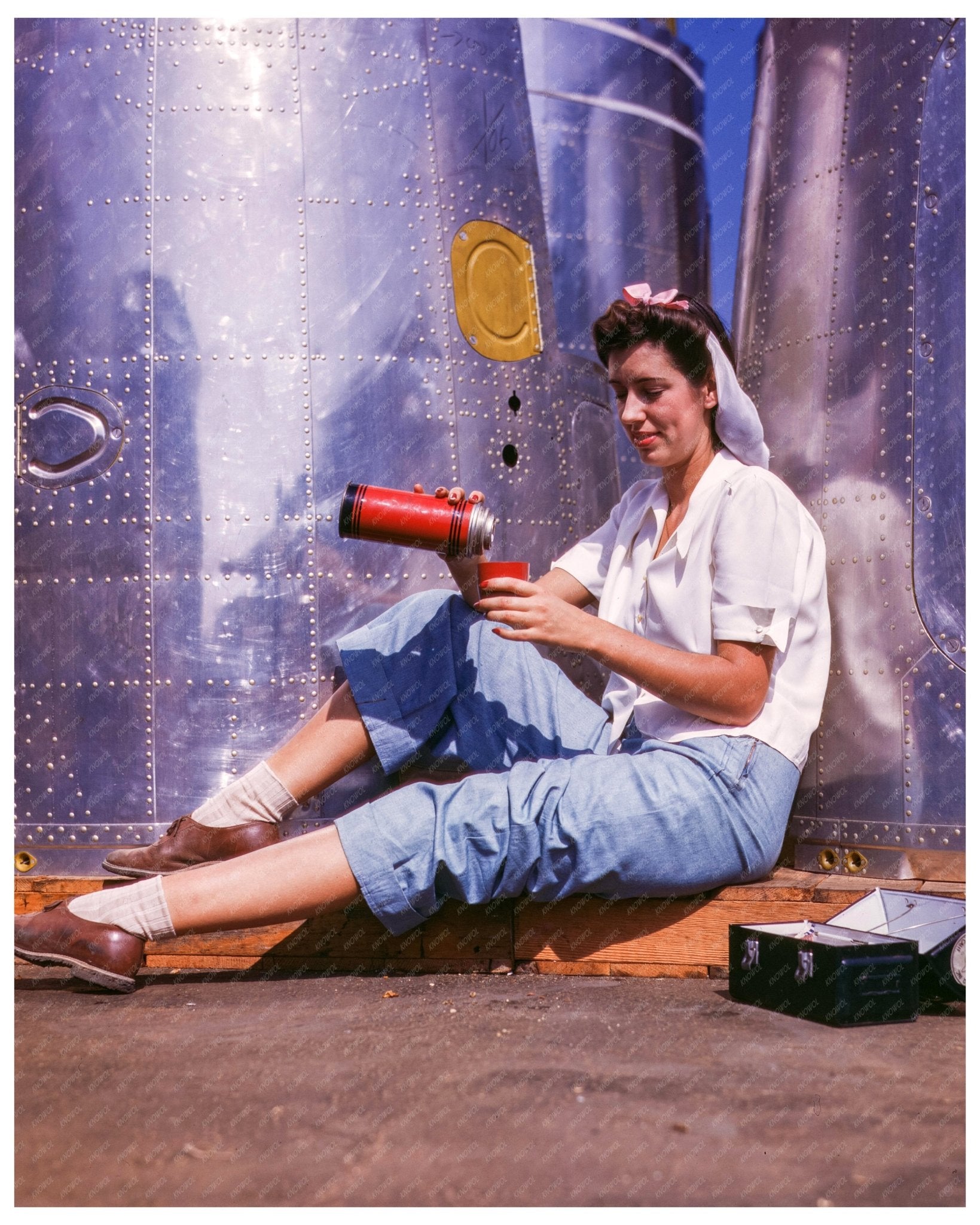 1942 Vintage Photograph of Girl Worker Lunch Break at Douglas Aircraft Company California - Available at KNOWOL