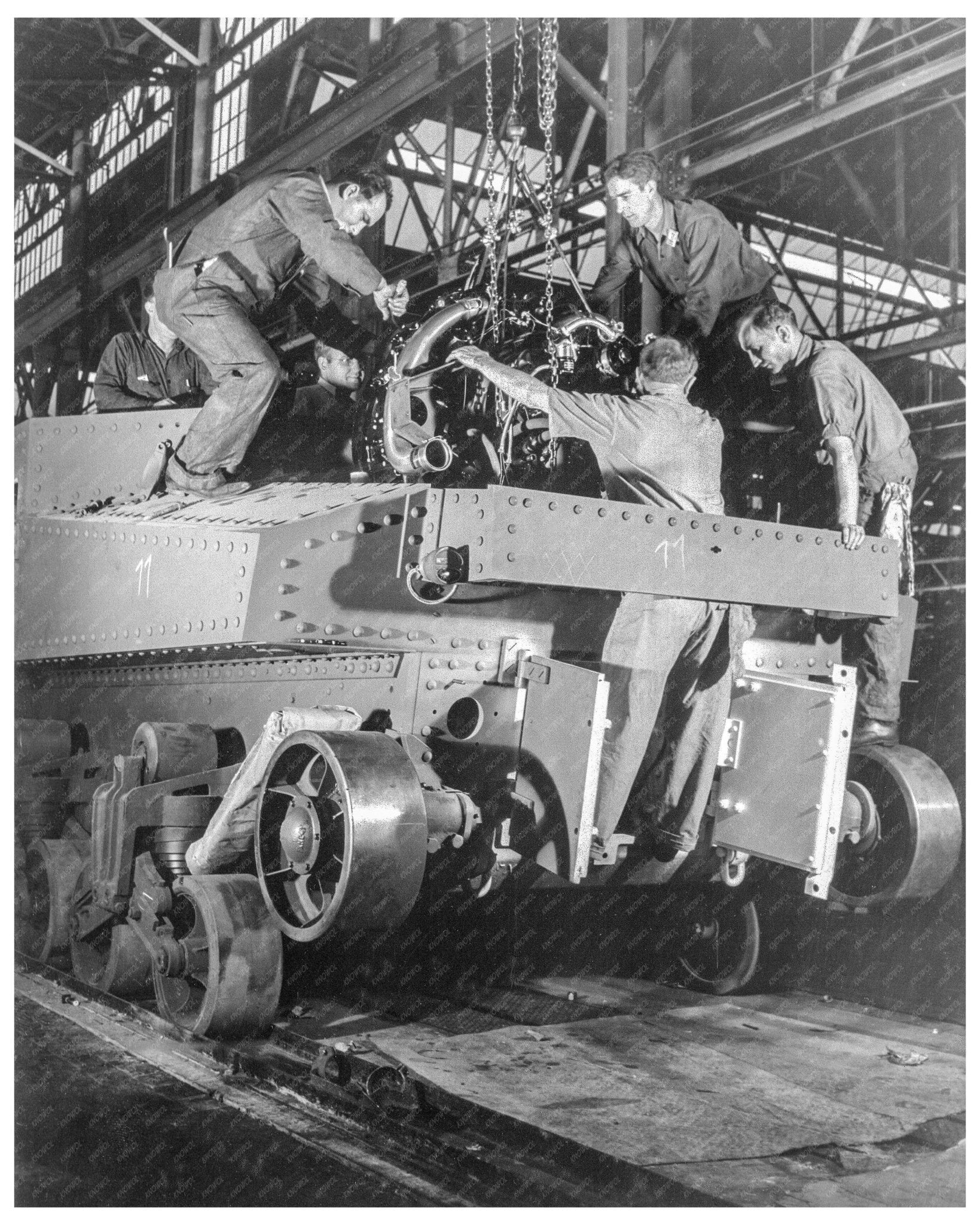 1944 Vintage Photo of Workers Installing Wright Whirlwind Engine in M - 3 Tank - Available at KNOWOL