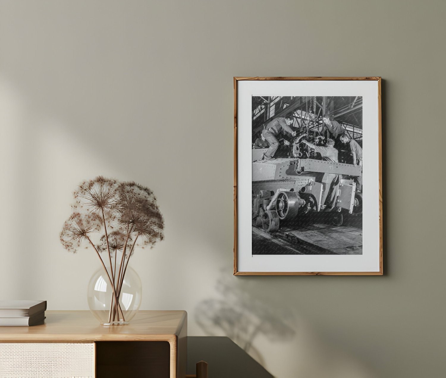 1944 Vintage Photo of Workers Installing Wright Whirlwind Engine in M - 3 Tank - Available at KNOWOL