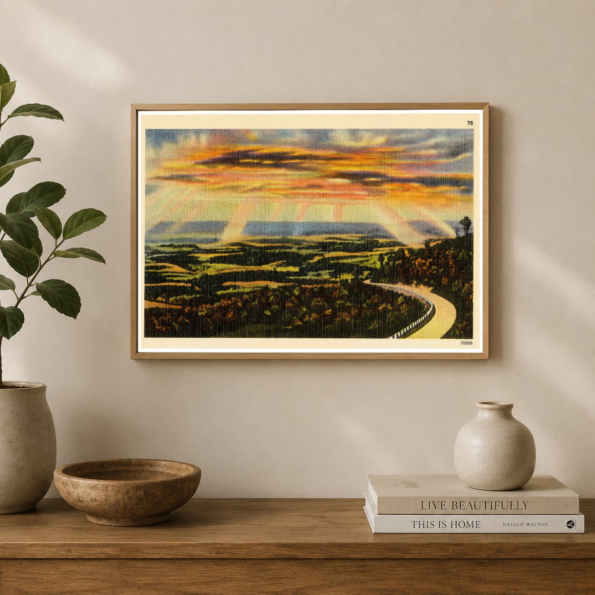 Sunset over road winding through nature. — Vintage Maryland Postcard